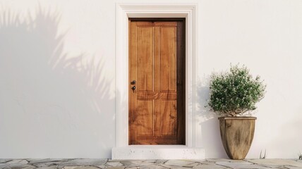 Fototapeta na wymiar Warm Wooden Entrance to Mediterranean-Style Courtyard with Potted Plant