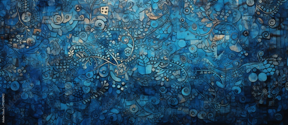 Poster Blue painted canvas adorned with an array of complex and detailed patterns and motifs