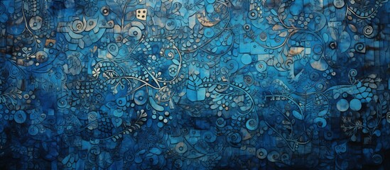 Blue painted canvas adorned with an array of complex and detailed patterns and motifs