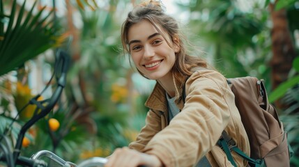 A Happy young woman riding bicycle in the green plants Cityscape and going to work