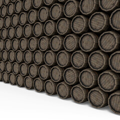 Wall from Wooden Cask Barrels Pile. 3D Illustration.
