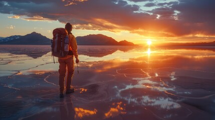 Backpacker standing on the flooded Bonneville salt flats, sunset