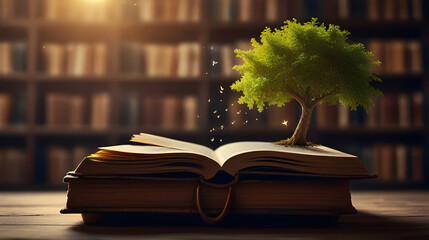 Small tree is on opened book page. Sun is shining. Book and tree concept. World book day. Back to...