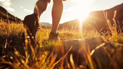 Traveler hiking in the mountains at sunrise. Photo focused on legs. - obrazy, fototapety, plakaty