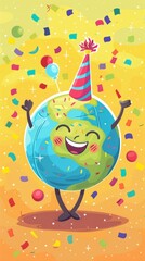 A happy cartoon Earth wearing a party hat, surrounded by confetti, celebrating Teachers Day