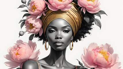 beautiful afro woman in turban and delicate pink peonies	 - 776921632