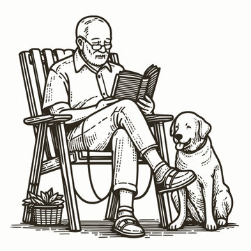 The old man sitting on the park chair reading a book in a relaxed with his dog. basic outline  vector illustration doodle style