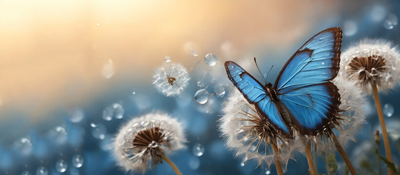 Fototapeta Natural pastel background. Morpho butterfly and dandelion. Seeds of a dandelion flower on a background of blue sky with clouds.  generative by ai..