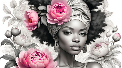 beautiful afro woman in turban and delicate pink peonies	 - 776922217