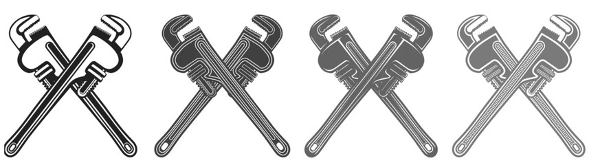 Set metallic adjustable pipe wrench icon. plumbing service logo vector illustration