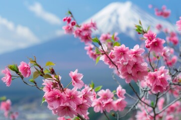 Close-up pink cherry blossoms, macro, Mount Fuji in the background
