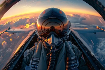 a person in a pilot's helmet flying in the sky - obrazy, fototapety, plakaty
