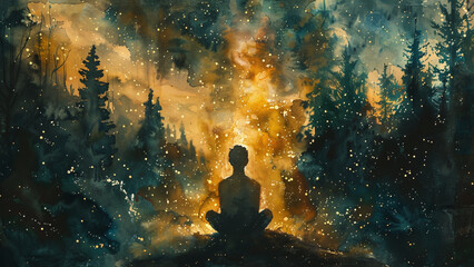 Fototapeta premium Cosmic Contemplation: Finding Inner Peace Amidst the Wilderness Under a Starlit Sky