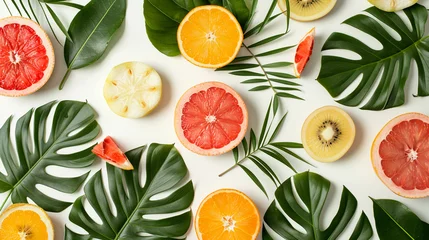 Foto op Plexiglas Brightly colored fruit slices and verdant tropical leaves come together in a lively, artistic pattern, set on a pristine white background,  © arhendrix