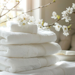 A neat stack of white towels arranged on a wooden table