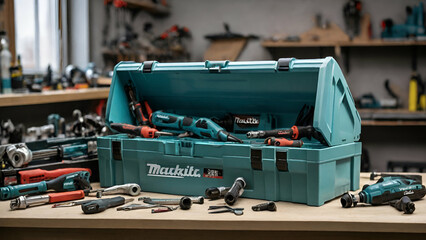Tokyo, Japan - 01.22.2021: Makita screwdriver Box with charging, battery and bit Sets generative by ai,,