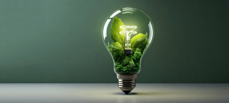 A bright green shining light bulbConceptual energy saving incandescent LED light bulb against a black background generative by ai...