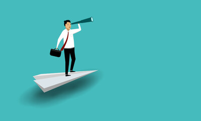Flat vector illustration with business concept. on a paper airplane. a worker who is pursuing a career in the company where he works. looking at the future of his career which will soar high.