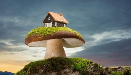 mushroom in the forest  house little hous - obrazy, fototapety, plakaty