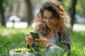 Fototapeta premium Happy Smiling Young businesswoman using smartphone, having a healthy salad lunch box with a cup of coffee outdoors in urban park during lunch break
