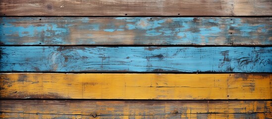 Detailed view of a wooden wall showcasing a prominent yellow stripe running horizontally through the middle - obrazy, fototapety, plakaty