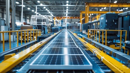 Fototapeta premium A conveyor belt carrying freshly made solar panels ready to be packaged and shipped out for installation at homes and businesses. . .