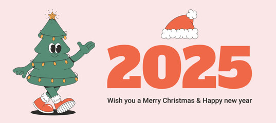 Merry Christmas and Happy New year banner and card. Playful and cheeky characters in trendy groovy style. Retro cartoon elements and shapes. Vector illustration