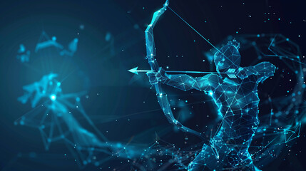 abstract stock market theme, this futuristic hologram illustration in technology blue showcases a digital target with a bow arrow hitting the bullseye, intertwined with a Japanese candlestick pattern
