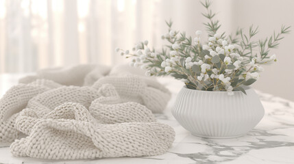 Fototapeta na wymiar A white blanket is draped over a table with a white vase of flowers in the center. Concept of warmth and comfort, as the blanket and flowers create a cozy atmosphere