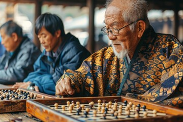 An intense match of Chinese Go, with players immersed in the game.