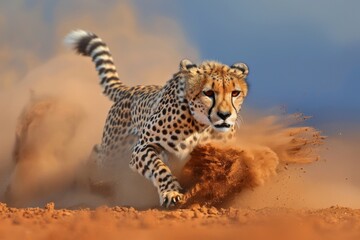 Cheetah Accelerating on Dusty Terrain at Dusk. 