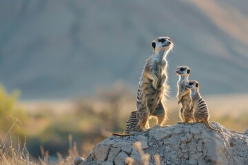 Meerkat Family Vigilance at Dawn.  - obrazy, fototapety, plakaty