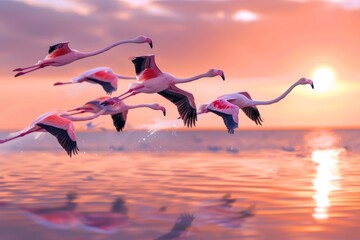 Graceful Flamingos Flying at Dawn over Sea.  - Powered by Adobe