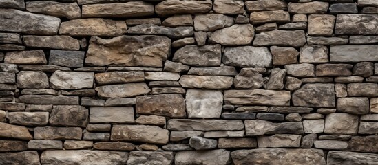 Fototapeta premium Stone wall close-up with a bright red fire hydrant placed in front for emergency use