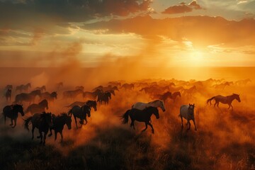 Fototapeta na wymiar Wild Horses Running at Sunset in Dusty Plains. 