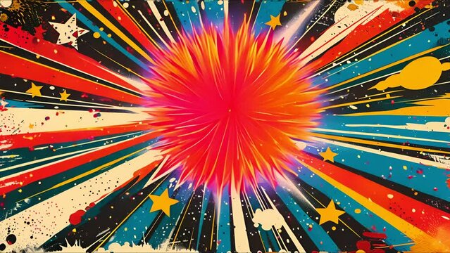 Comic book explosion of stars and exclamations, 1950s style, vibrant and dynamic