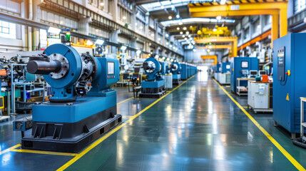 A factory with many machines and a blue sign that says "Production". Scene is industrial and busy