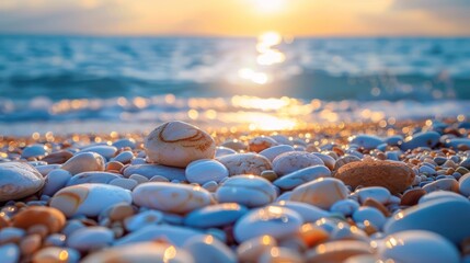 Pebbles on the beach with blurred sea background
