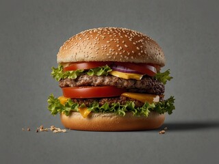 A juicy cheeseburger on a sesame seed bun, isolated on a black background. Generative AI