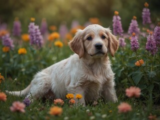 An adorable golden retriever puppy sits on the grass in a sunny garden. Generative AI.