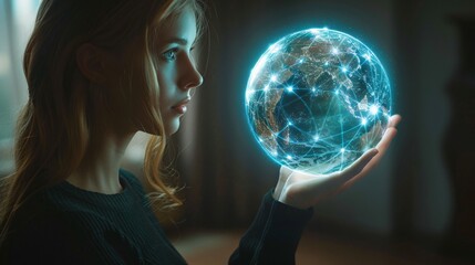 Naklejka premium Businesswoman casting magic with wand, illuminating the digital world, and juggling a glowing ball