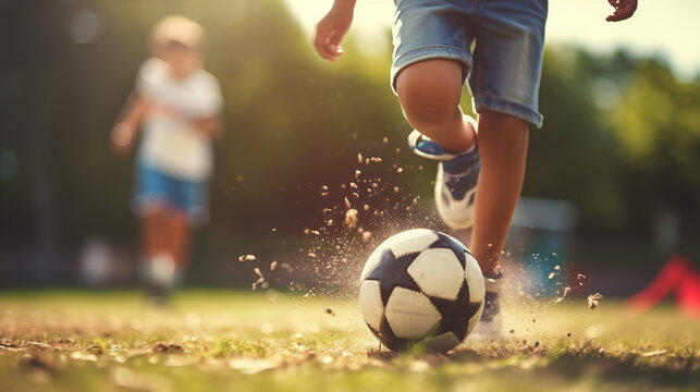Close up children playing football : Sport. AI Generative.	
