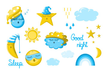 Cartoon elements of the weather. Sleeping drop, moon and stars, rainbow and fluffy clouds. Natural objects and text.