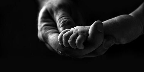 Captivating Black White Photo Baby's Hand Adult Male Gentle Embrace - obrazy, fototapety, plakaty
