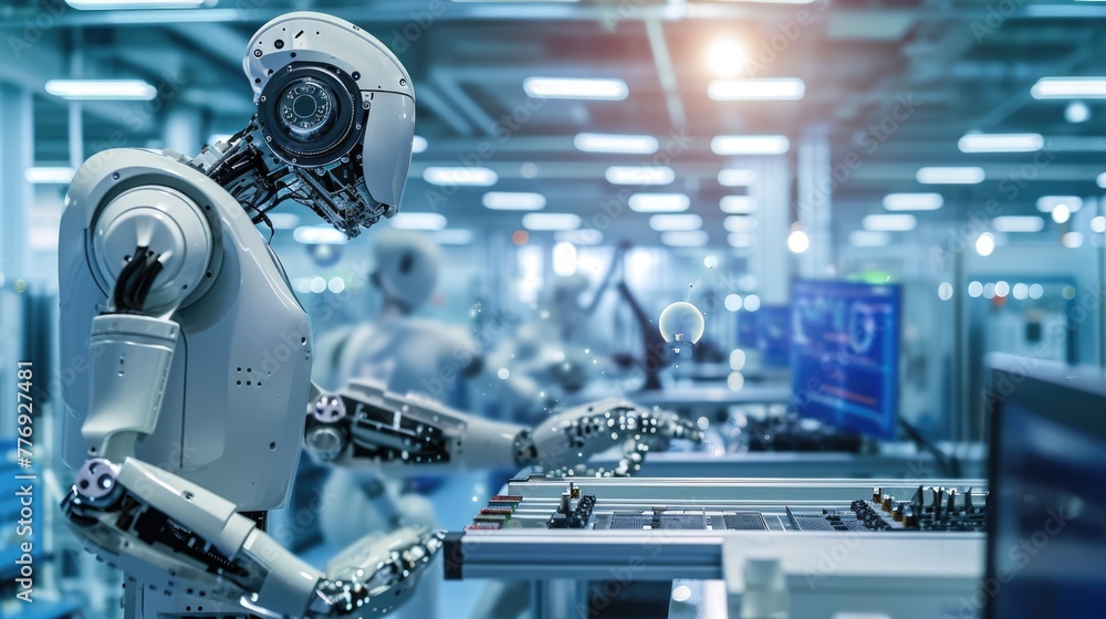 Aufkleber a high-tech robotics lab, engineers working on advanced ai machines, showcasing innovation and futur