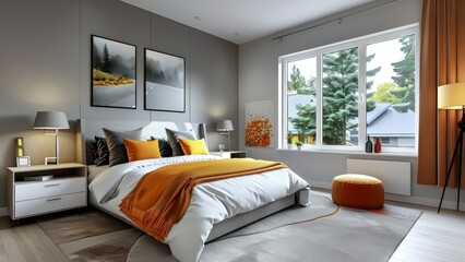 A Trendy Guest Bedroom Interior, Balanced with Neutral Grey Walls and Refreshing Orange Pillow Highlights
