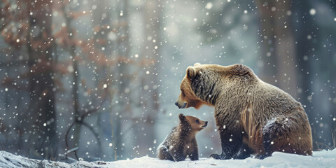Cute brown bear cub, snowy woodland playtime - obrazy, fototapety, plakaty