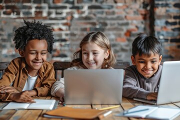 Smiling kids of different races working on a school assignment on a laptop - obrazy, fototapety, plakaty