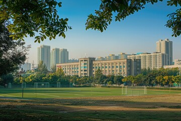 A scenic shot of a campus building and the soccer field in a school in Shenyang, Liaoning, China - obrazy, fototapety, plakaty