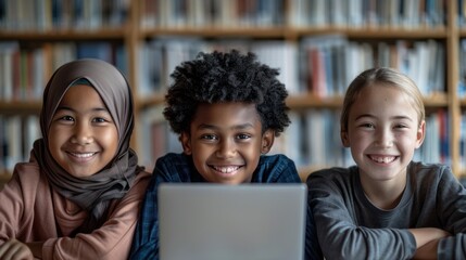 Multiracial students happily learning together from a laptop in class